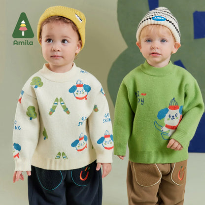 Amila Baby Boy Sweaters 2023 Winter New Multicolour Round Neck Cartoon Pattern Soft Warm   Baby Clothing