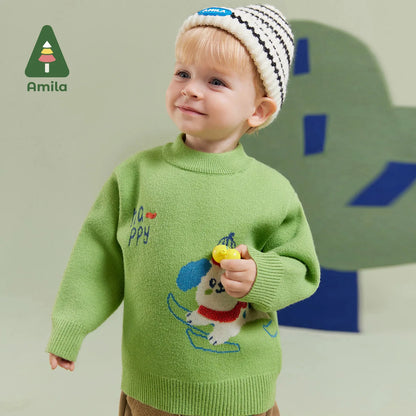 Amila Baby Boy Sweaters 2023 Winter New Multicolour Round Neck Cartoon Pattern Soft Warm   Baby Clothing