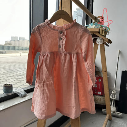 HoneyCherry Girls Solid Color Dresses New Cotton Simple Wooden Ear Collar Long Sleeve Doll Dresses Flower Girl Dresses