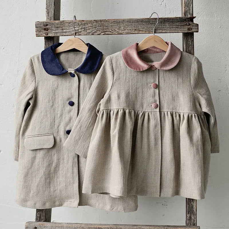 Kids Girls Clothes Trench Coat 2023 Autumn New Cotton and Linen Long Contrast Ruffled Cardigan Girls Trench Coat