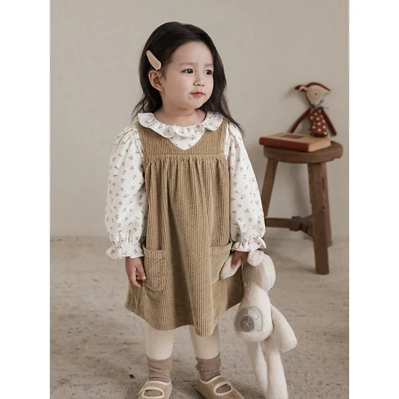 Girls' Striped Velvet Dress Loose Children's Korean Casual Suspender Dress 2023 Spring Autumn New Clothes