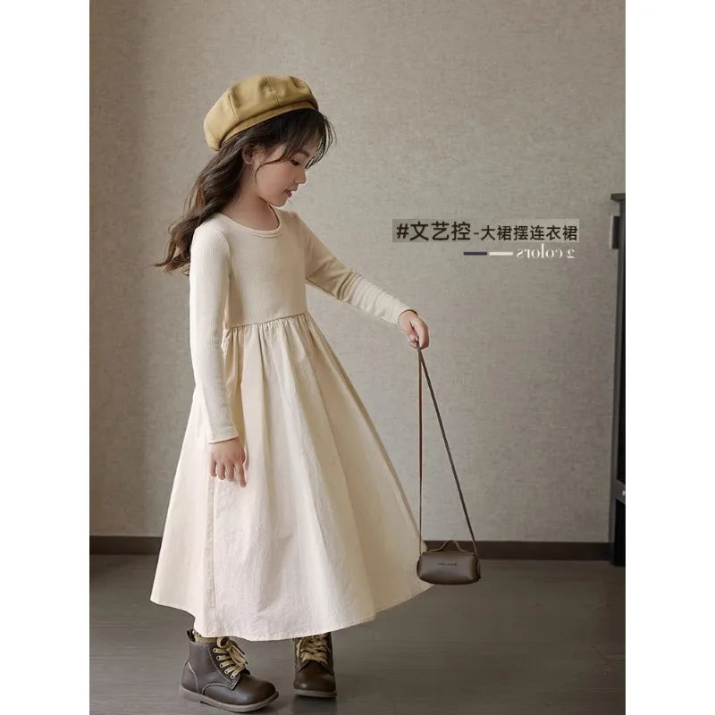 Children Clothing Girls Sweet Style Knitted Dress 2023 Autumn New Fashion Patchwork Design Sense Solid Color Girls Dress