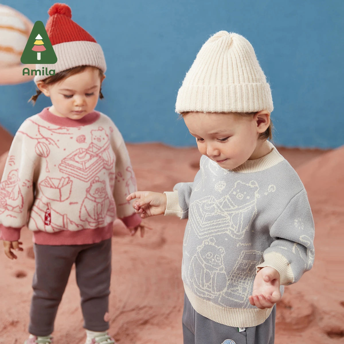 Amila Baby's Sweater 2022 Winter New Cute Cartoon Print Knit Boys and Girls Casual Sweaters Anti-Cold Jacket Creative Clothes