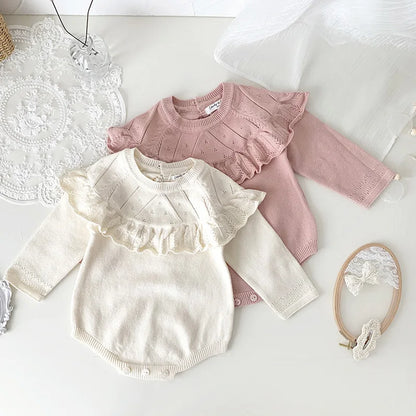 Autumn Spring Baby Girl Clothing Newborn Baby Girls Bodysuits Long Sleeved Solid Color Knitting Infant Baby Girls Jumpsuit