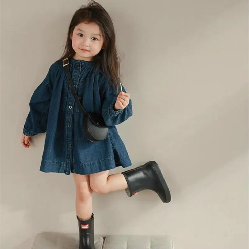 Children Clothing Girls Denim Dress Stand Collar Single Breasted Washed Cotton 2023 Spring and Autumn New Fashionable Dress