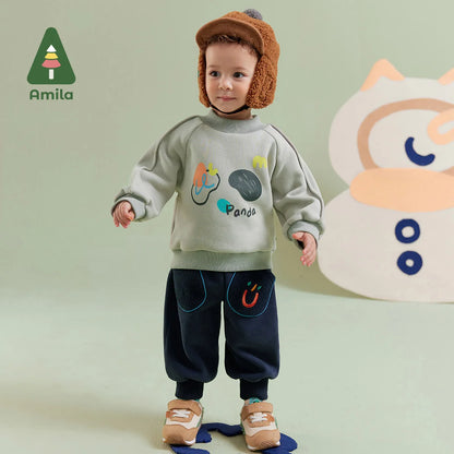 Amila Baby Children Casual Pants 2023 Winter New Multicolour Fashion Soft Cartoon Pattern Warm Cute  Baby Clothing