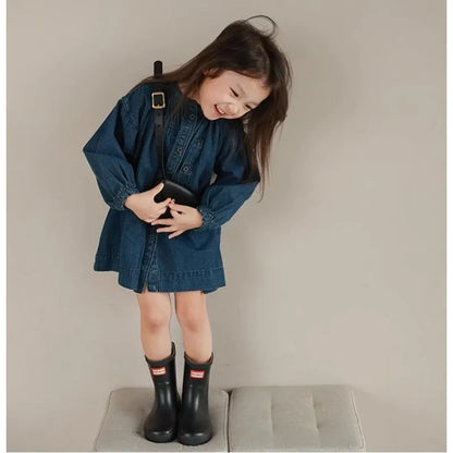 Children Clothing Girls Denim Dress Stand Collar Single Breasted Washed Cotton 2023 Spring and Autumn New Fashionable Dress