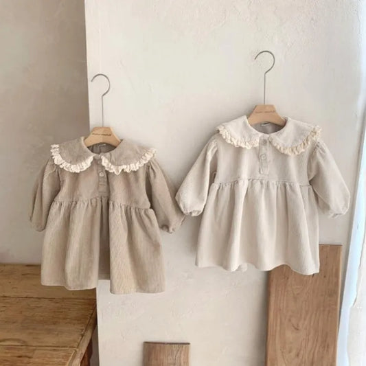 Cute Baby Girl Corduroy Dress 0-3Years Princess Newborn Kids Long Sleeve Peter Pan Collar A-line One-Pieces Korea Spring Clothes