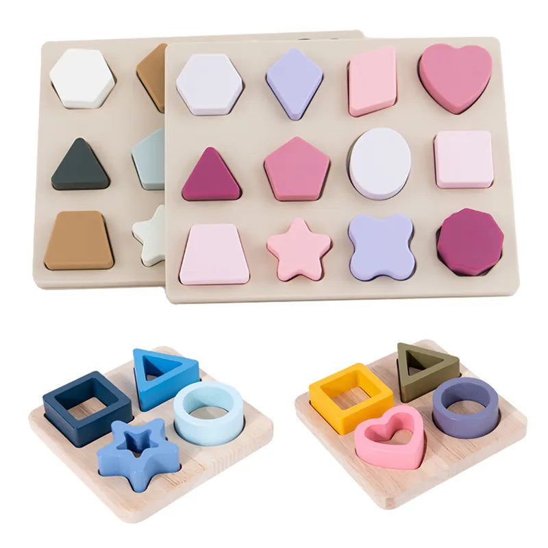 Montessori Baby Puzzles Silicone Toys Geometric Shape Jigsaw Board Matching Games Educational Learning Toys Food Grade Silicone