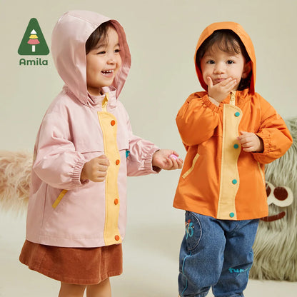 Amila Baby Coat 2023 Autumn New Warm And Windproof Colorful Printing Stand Up Collar Girls And Boys  Outerwear Kid's Clothes