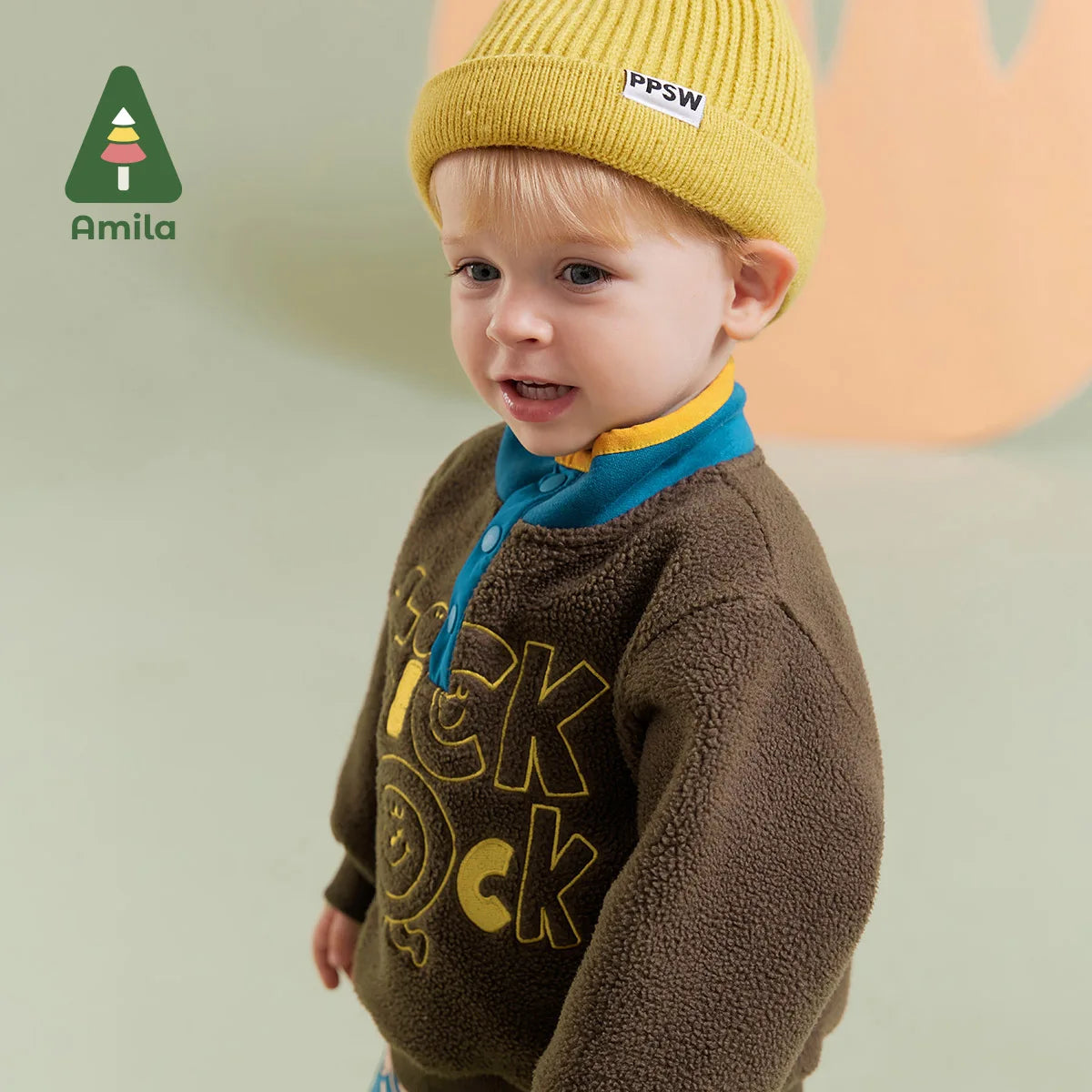 Amila Baby Boy Hoodie 2023 Winter New Multicolour Stand Collar Fleecing Soft Cosy Embroider  Baby Clothing