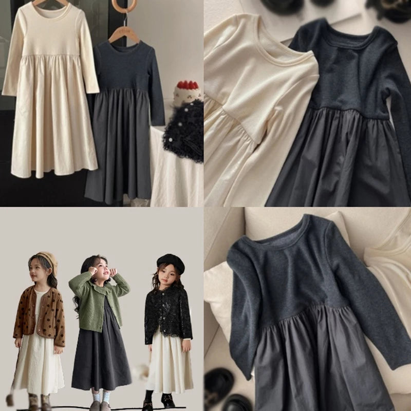 Fashion Style Autumn Girls Dress Spring Kids Princess Dress Casual  Knitted Splicing Costumes Children Clothing Dresses 3-9 Year