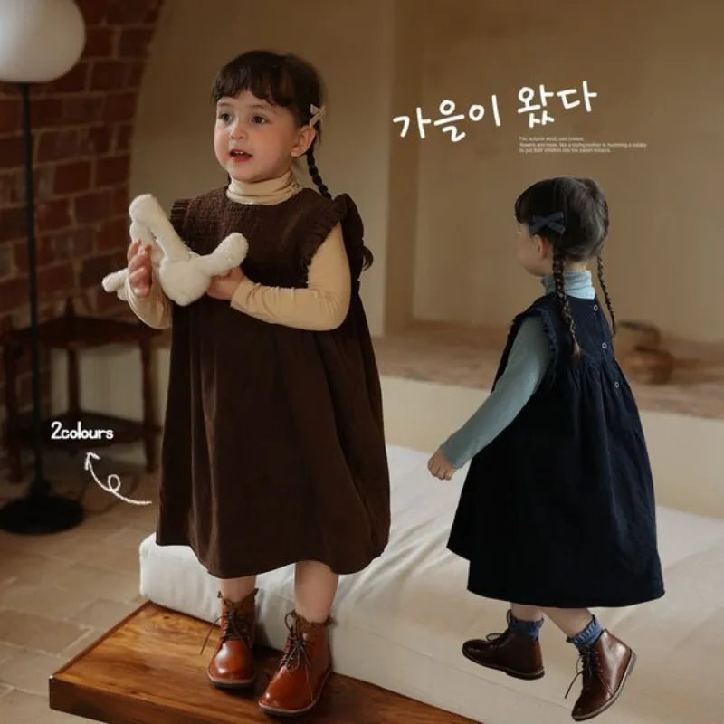 Children Clothing Girls Dress 2023 New Autumn Corduroy Dress Korean Style Girls Baby Casual Simple Princess Sweet Sundress