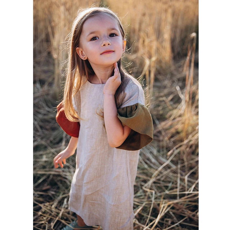 Girls Natural Linen Patchwork Dress Summer New Baby Kids Flare Sleeve Casual Cotton And Linen Dresses Children's Clothing TZ045