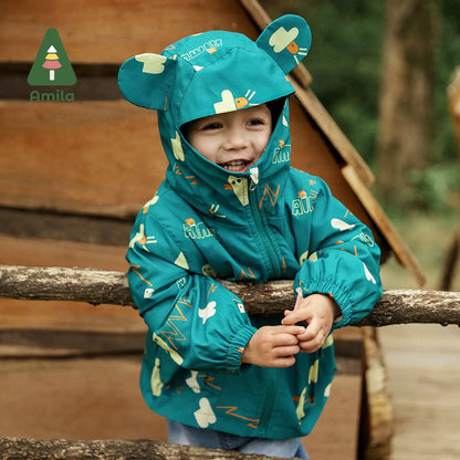 Amila Baby Coat 2022 Autumn New Full Print Cute Ear Jacket+Inner Bladder Two-piece Girls and Boys Warm Outerwear Kid's Clothes