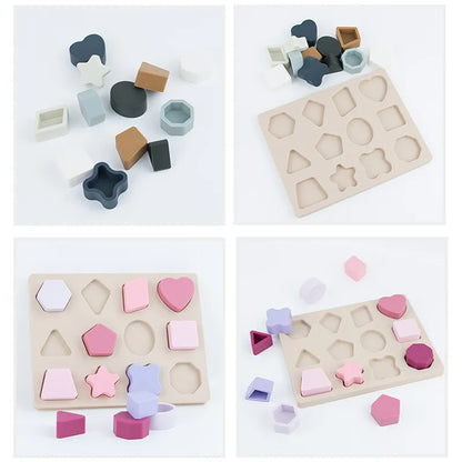 Montessori Baby Puzzles Silicone Toys Geometric Shape Jigsaw Board Matching Games Educational Learning Toys Food Grade Silicone