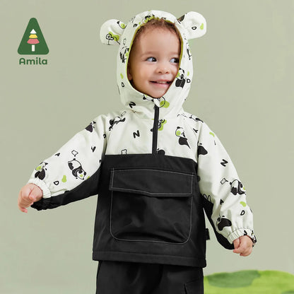 Amila Baby Boy Clothing Set 2023 Winter New Fleecing Slight waterproofing Panda Pattern Soft Warm   Baby Clothing