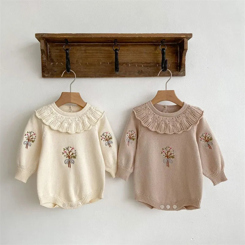 Autumn New Newborn Knitting Romper Girls Lotus Collar Bodysuit Baby Embroider Jumpsuit Kids Long Sleeve Infant Loose Clothes