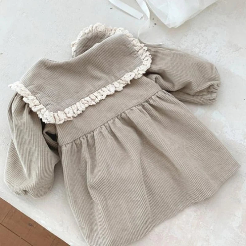 Baby Girl Corduroy Princess Dress Solid Lace Long Sleeve Dress Spring Autumn Children Retro Casual Loose Dresses Kids Outfits