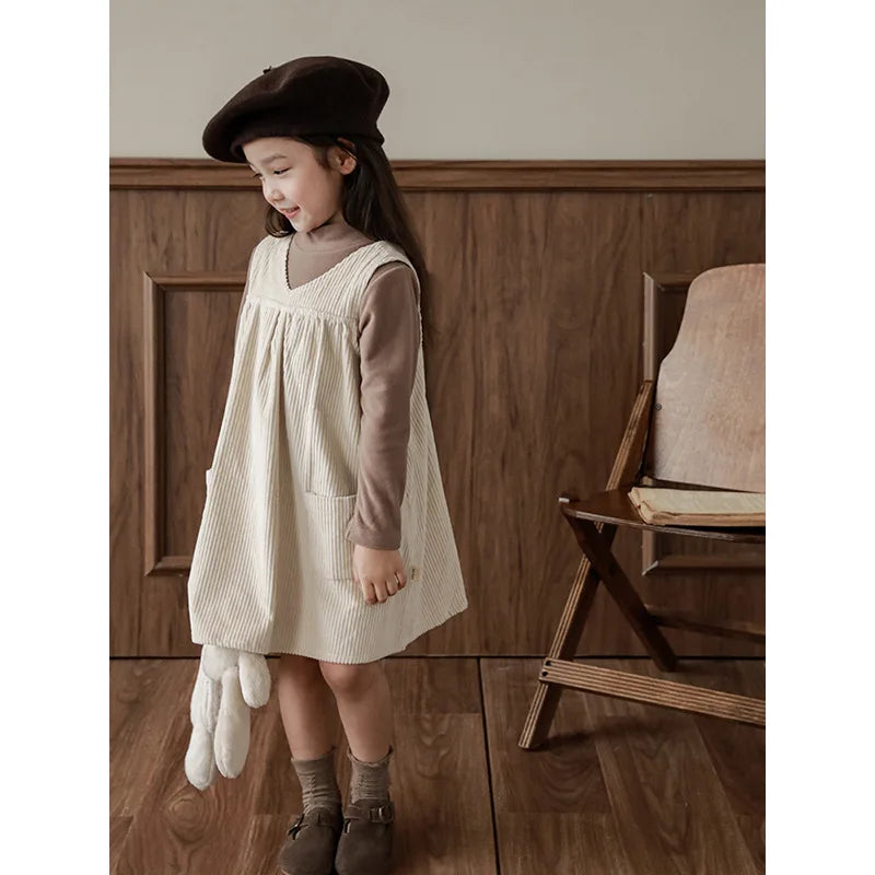 Girls' Striped Velvet Dress Loose Children's Korean Casual Suspender Dress 2023 Spring Autumn New Clothes