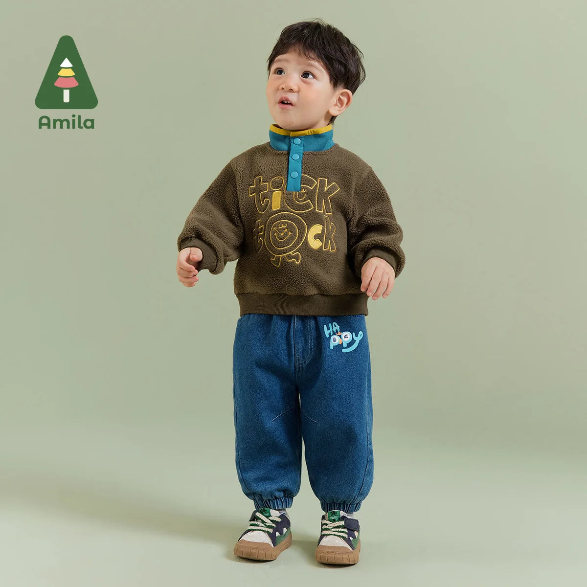 Amila Baby Boy Jeans 2023 Winter New Multicolour Fleecing Reactive Printing Fashion Warm   Baby Clothing