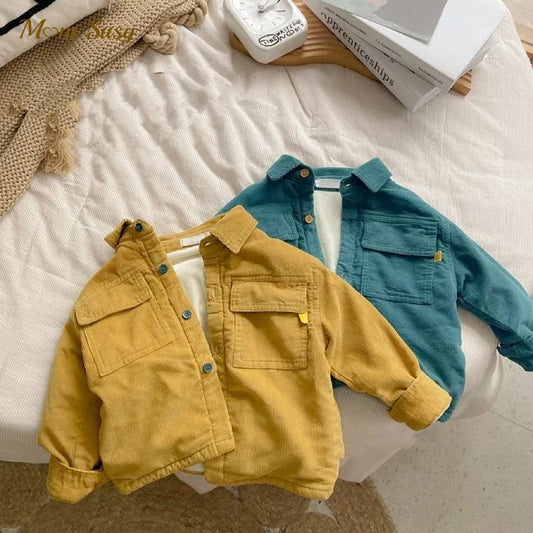 Baby Boy Girl Cotton Corduroy Shirt Fleece Inside Infant Toddler Warm Shirt Outwear Autumn Spring Winter Baby Clothes 1-7Y