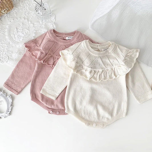 Autumn Spring Baby Girl Clothing Newborn Baby Girls Bodysuits Long Sleeved Solid Color Knitting Infant Baby Girls Jumpsuit