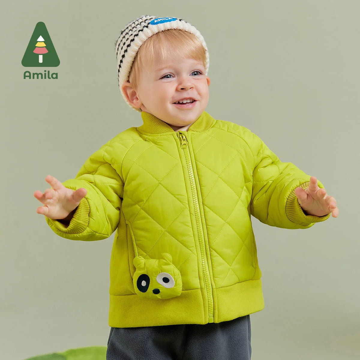 Amila Baby Boy Coat 2023 Winter New Multicolour Detachable Bear Doll Cotton Coat Cartoon Pattern Parsnip   Baby Clothing