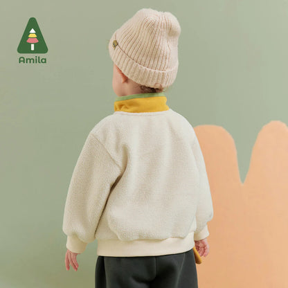 Amila Baby Boy Hoodie 2023 Winter New Multicolour Stand Collar Fleecing Soft Cosy Embroider  Baby Clothing