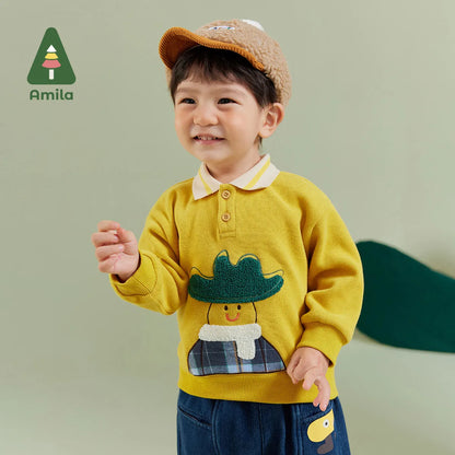 Amila Baby Boy Hoodie 2023 Winter New Multicolour Polo Collar Soft Cartoon Pattern Towel Embroidery   Baby Clothing