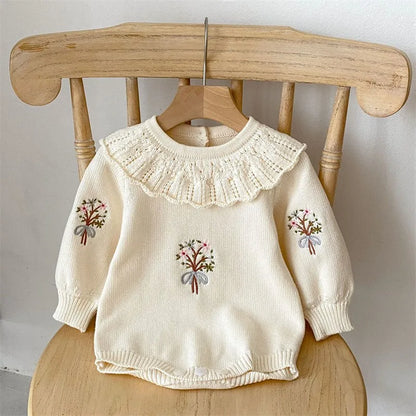 Autumn New Newborn Knitting Romper Girls Lotus Collar Bodysuit Baby Embroider Jumpsuit Kids Long Sleeve Infant Loose Clothes