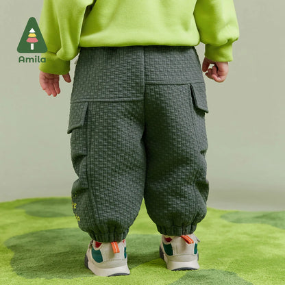 Amila Baby Boy Casual Pants 2023 Winter New Fashion Wear-resistant Warm Workwear Styling Silky   Baby Clothing