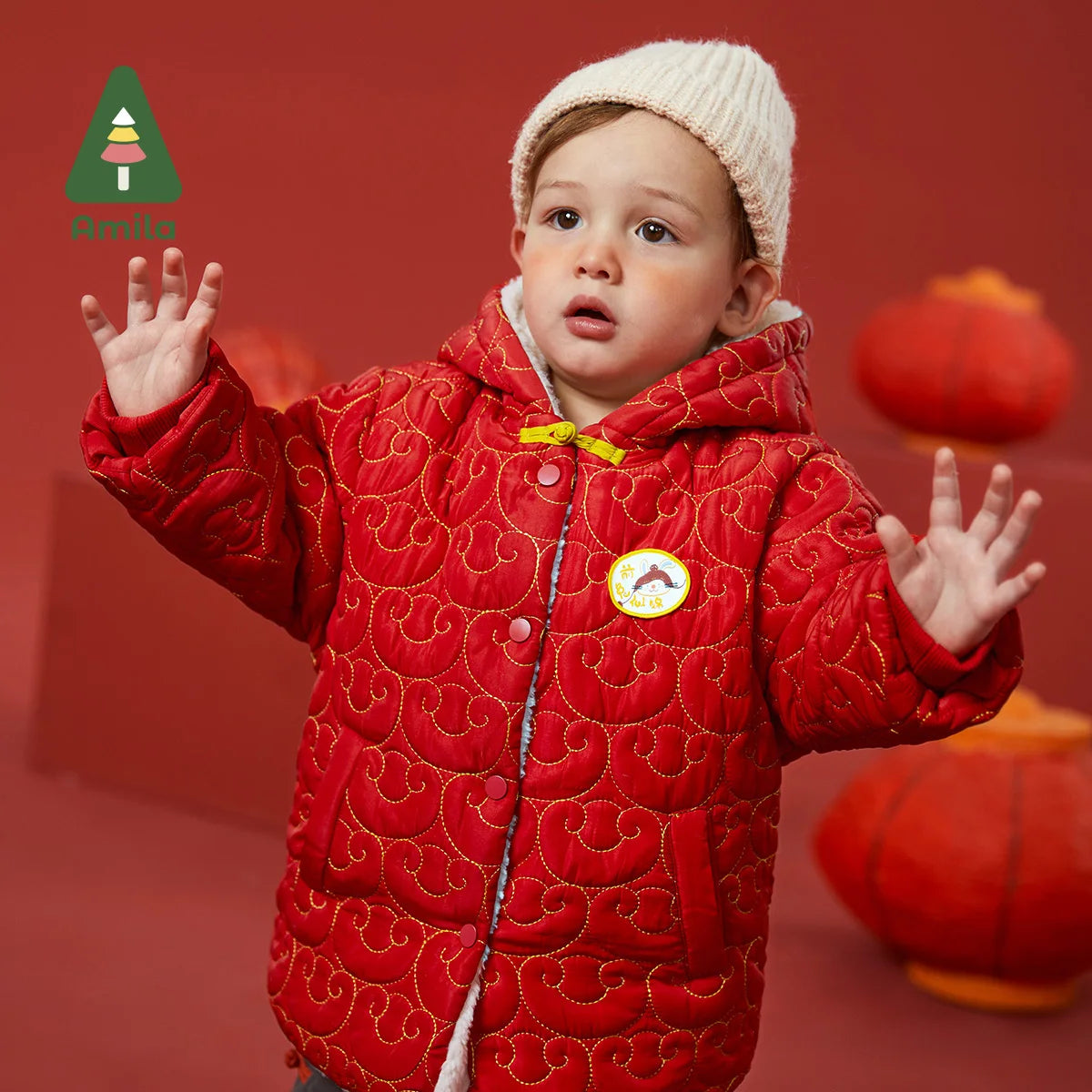 Amila Baby's Cotton-padded Jacket 2022 Winter New Boys and Girls Cold Proof Original Chinese Quilting Thread With Hooded Coat