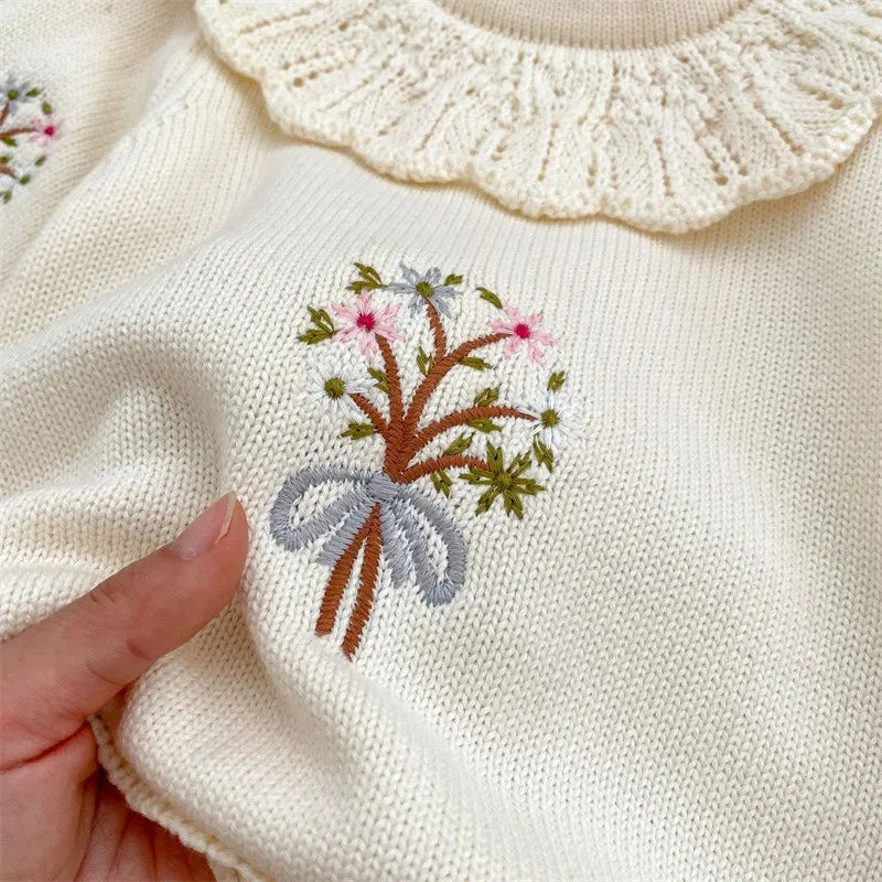 Autumn New Newborn Knitting Romper Girls Lotus Collar Bodysuit Baby Embroider Jumpsuit Kids Long Sleeve Infant Loose Clothes