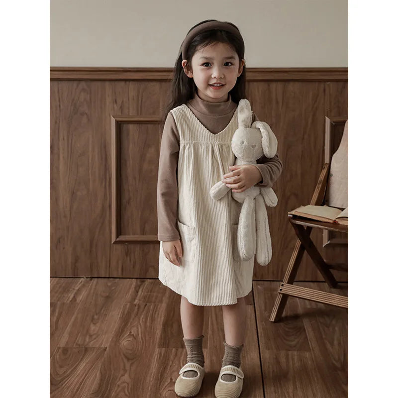 Girls' Striped Velvet Dress Loose Children's Korean Casual Suspender Dress 2023 Spring Autumn New Clothes