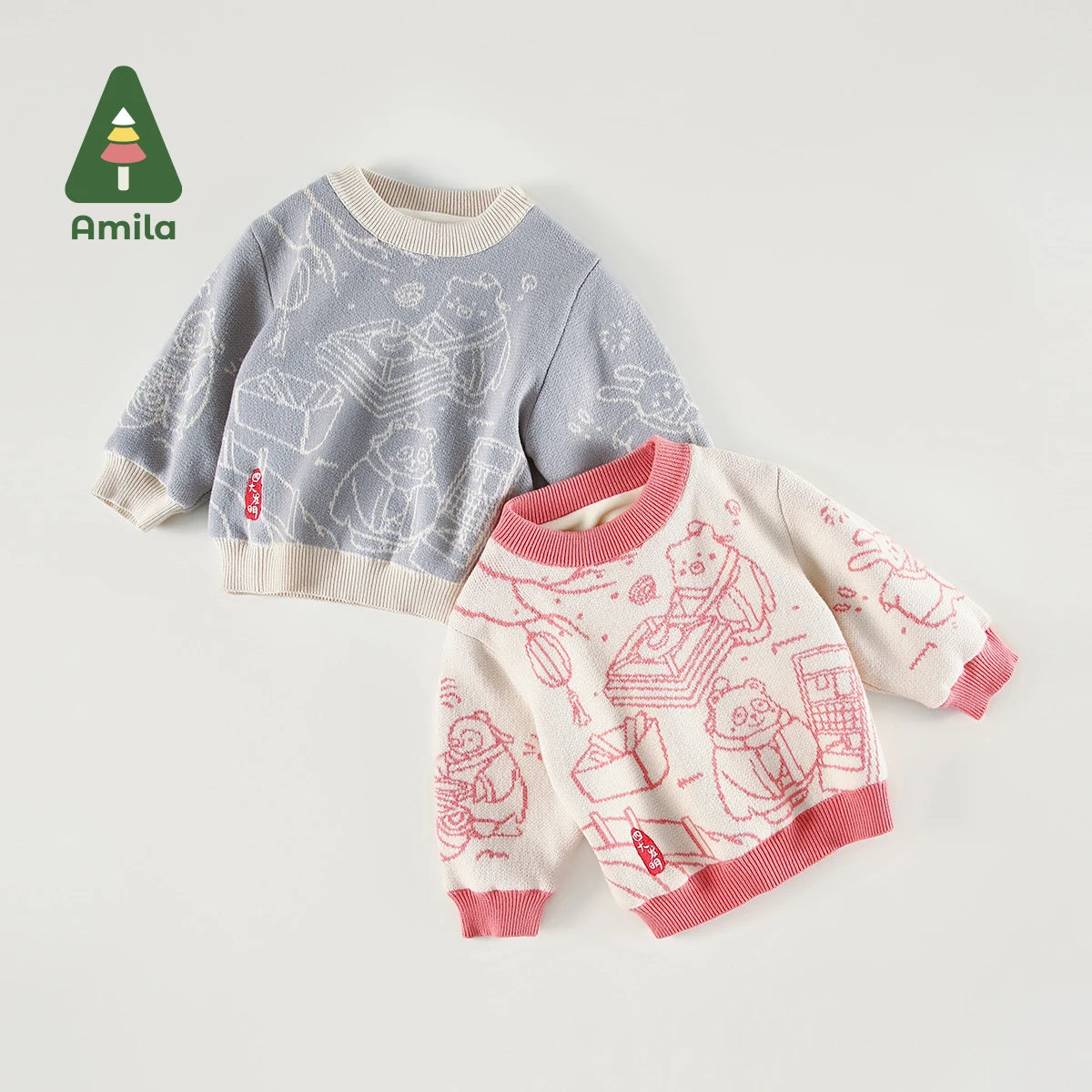 Amila Baby's Sweater 2022 Winter New Cute Cartoon Print Knit Boys and Girls Casual Sweaters Anti-Cold Jacket Creative Clothes