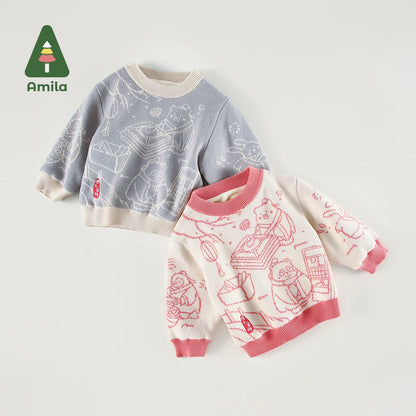 Amila Baby's Sweater 2022 Winter New Cute Cartoon Print Knit Boys and Girls Casual Sweaters Anti-Cold Jacket Creative Clothes