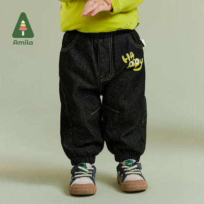 Amila Baby Boy Jeans 2023 Winter New Multicolour Fleecing Reactive Printing Fashion Warm   Baby Clothing