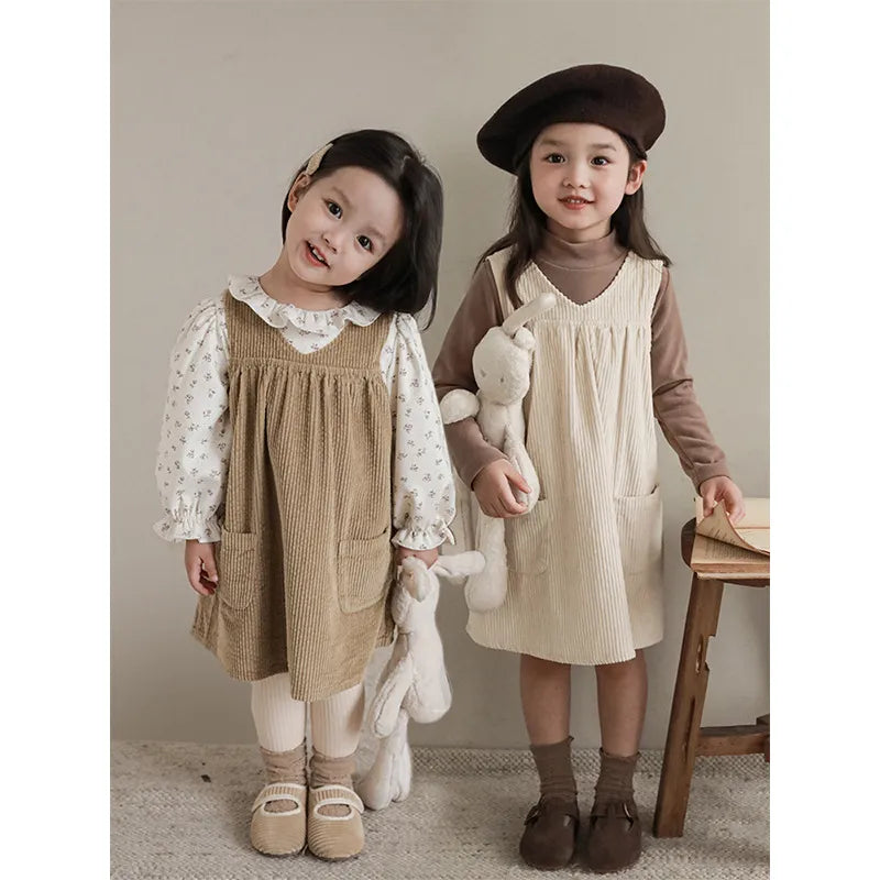 Girls' Striped Velvet Dress Loose Children's Korean Casual Suspender Dress 2023 Spring Autumn New Clothes